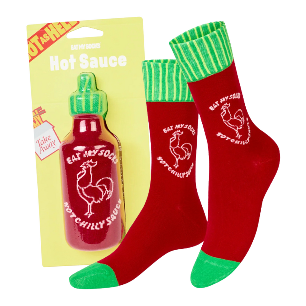 Eat My Socks Sriracha Novelty Crew Socks - Funny Food Design Casual Socks for Men Women - Comfortable All-Day Wear Gift Socks
