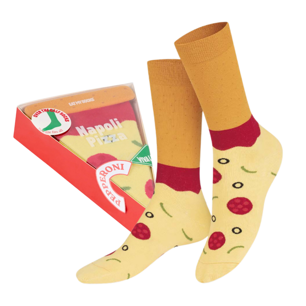 Eat My Socks Napoli Pizza Slice Novelty Crew Socks - Funny Food Design Casual Socks for Men Women - Comfortable All-Day Wear Gift Socks