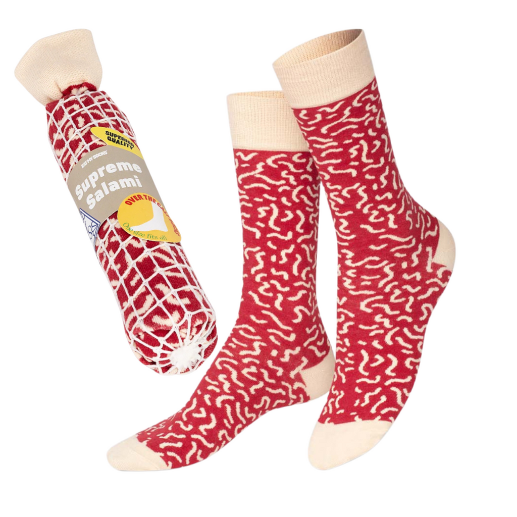 Eat My Socks Salami Novelty Crew Socks - Funny Food Design Casual Socks for Men Women - Comfortable All-Day Wear Gift Socks