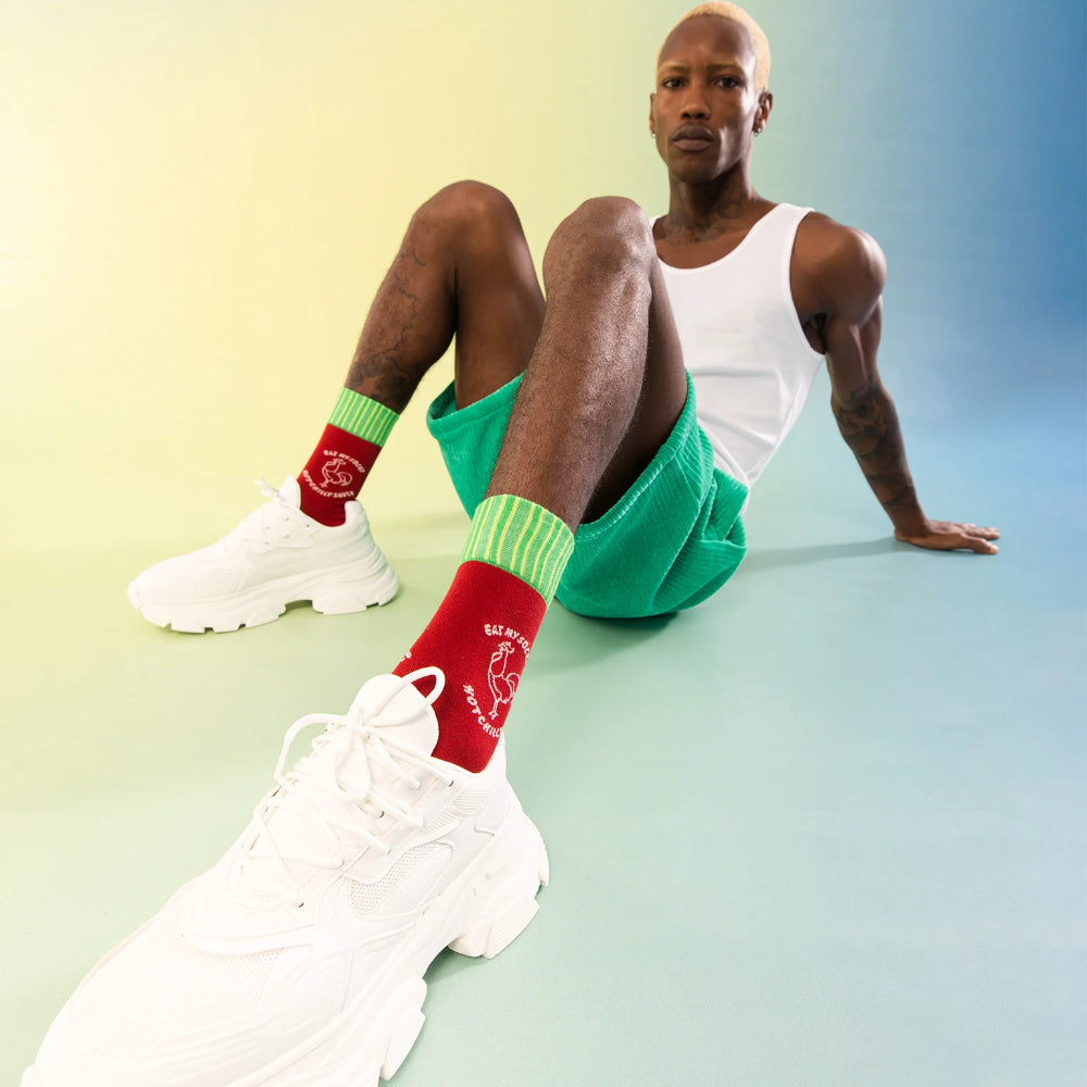 Eat My Socks Sriracha Novelty Crew Socks - Funny Food Design Casual Socks for Men Women - Comfortable All-Day Wear Gift Socks