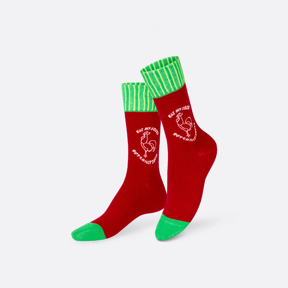 Eat My Socks Sriracha Novelty Crew Socks - Funny Food Design Casual Socks for Men Women - Comfortable All-Day Wear Gift Socks