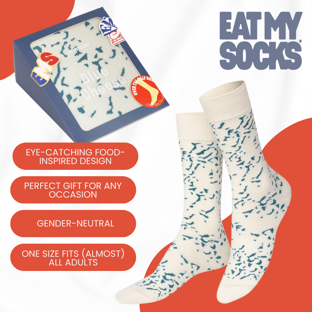 Eat My Socks Blue Cheese Novelty Crew Socks - Funny Food Design Casual Socks for Men Women - Comfortable All-Day Wear Gift Socks