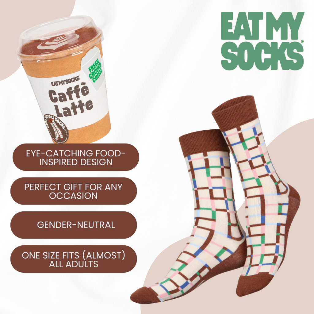 Eat My Socks Café Latte Novelty Crew Socks - Funny Food Design Casual Socks for Men Women - Comfortable All-Day Wear Gift Socks