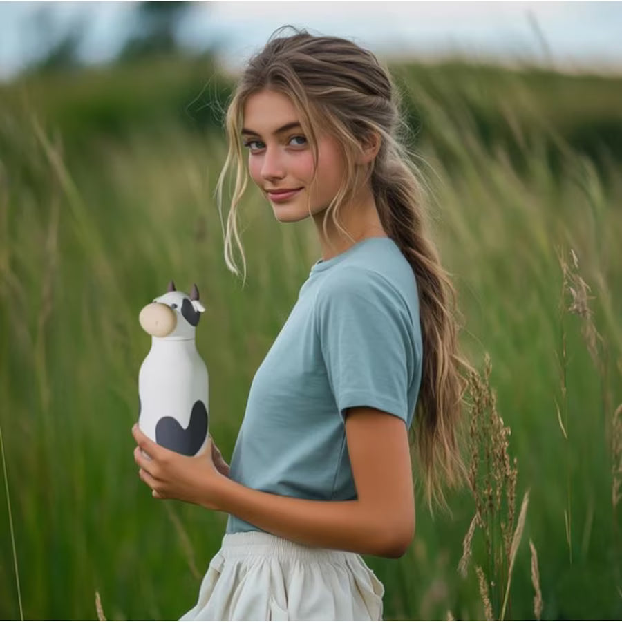 ASOBU Bestie Water Bottle — 16oz (460ml) Vacuum Insulated with Flexible Straw (Moo-nificent Cow)