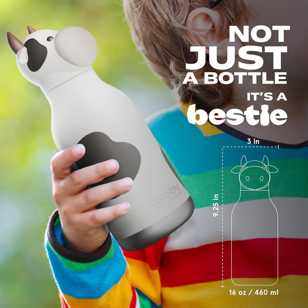 ASOBU Bestie Water Bottle — 16oz (460ml) Vacuum Insulated with Flexible Straw (Moo-nificent Cow)