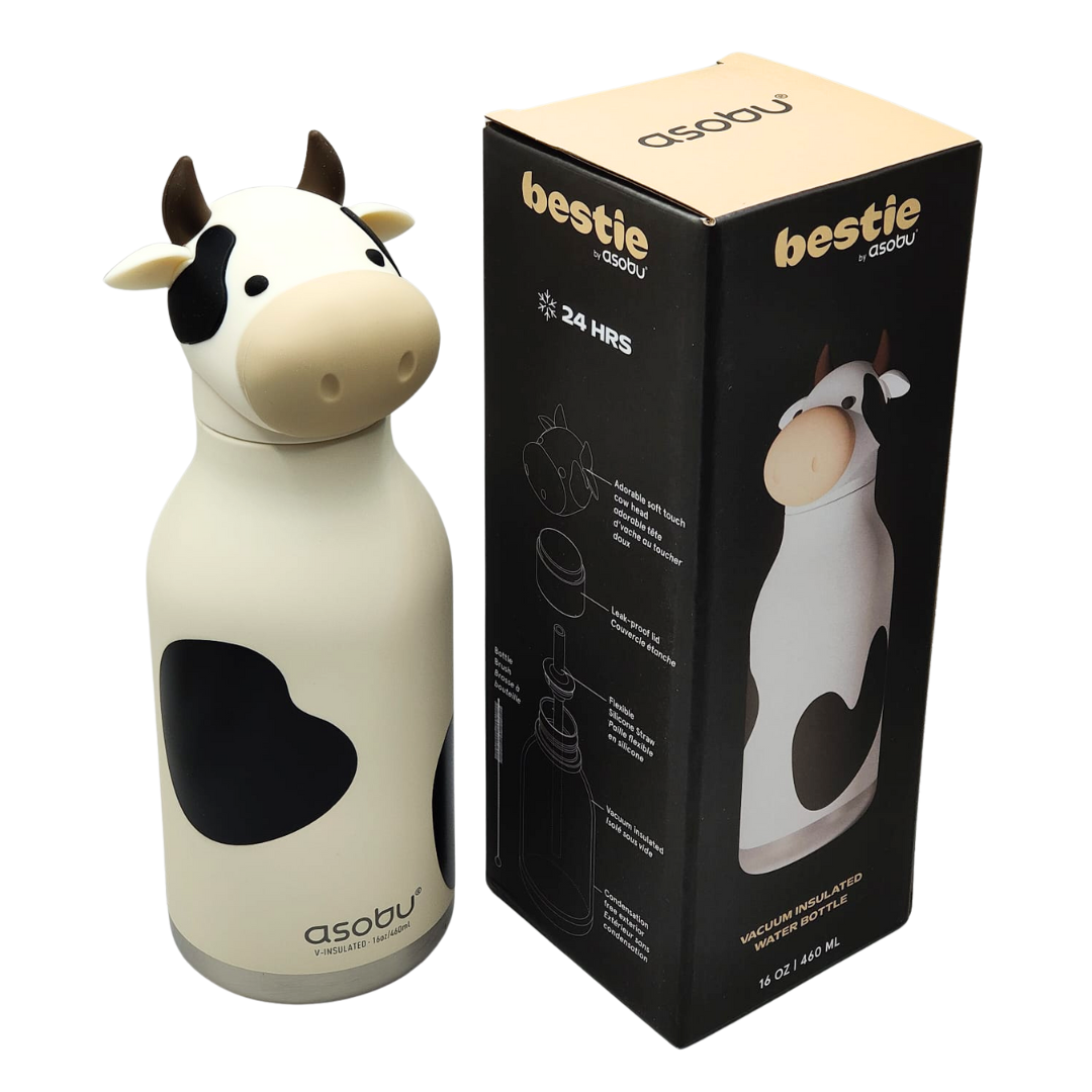 ASOBU Bestie Water Bottle — 16oz (460ml) Vacuum Insulated with Flexible Straw (Moo-nificent Cow)