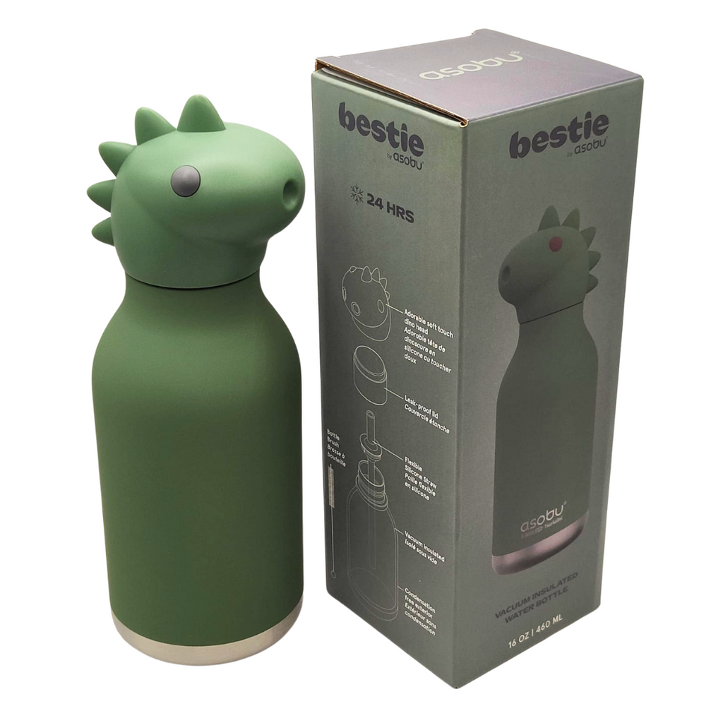 ASOBU Bestie Water Bottle — 16oz (460ml) Vacuum Insulated with Flexible Straw (Mighty Dino)