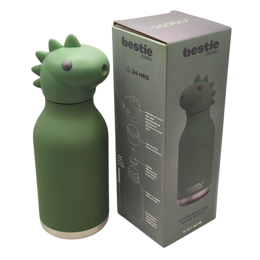 ASOBU Bestie Water Bottle — 16oz (460ml) Vacuum Insulated with Flexible Straw (Mighty Dino)
