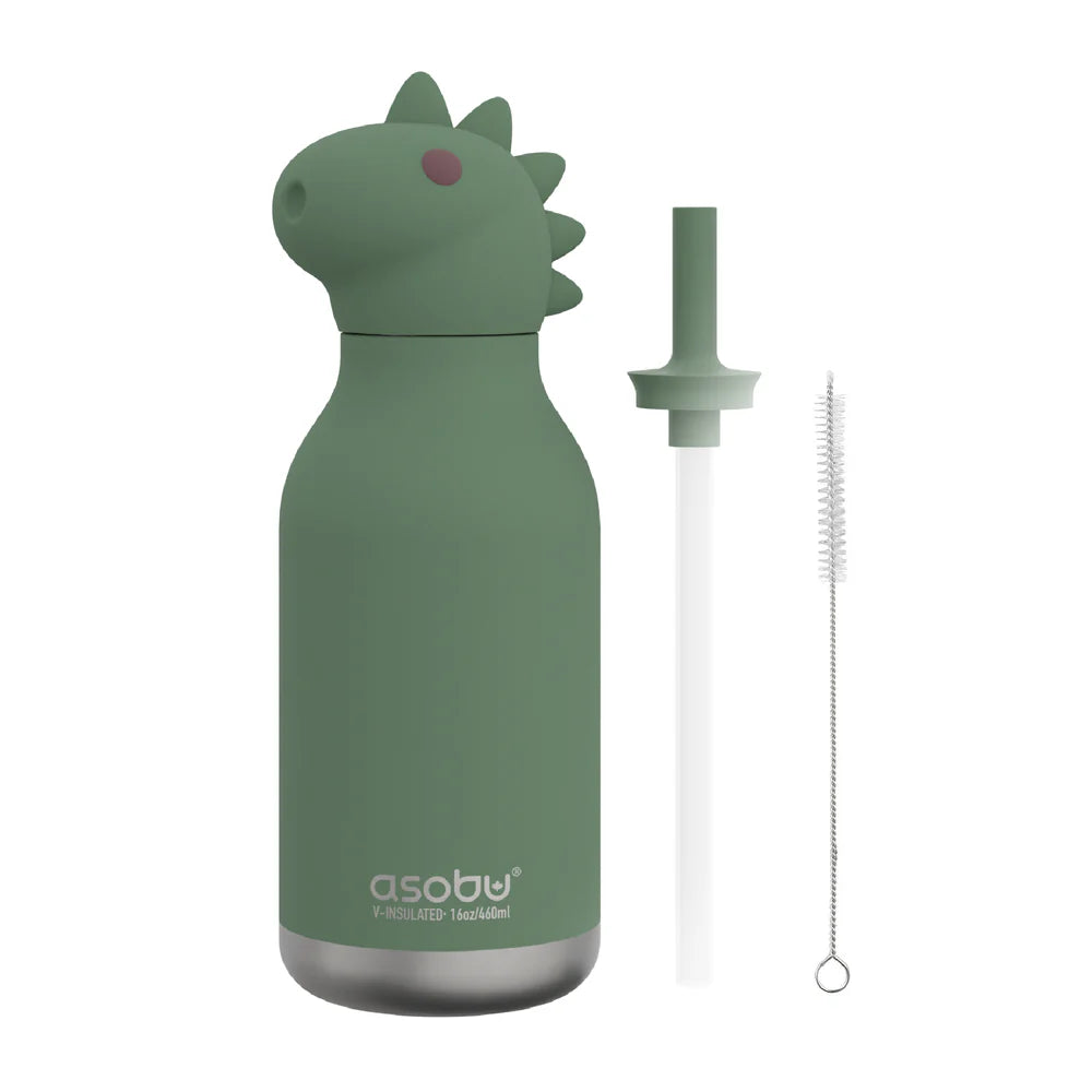 ASOBU Bestie Water Bottle — 16oz (460ml) Vacuum Insulated with Flexible Straw (Mighty Dino)