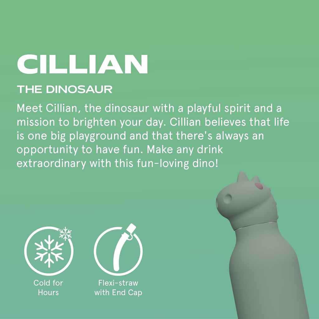 ASOBU Bestie Water Bottle — 16oz (460ml) Vacuum Insulated with Flexible Straw (Mighty Dino)