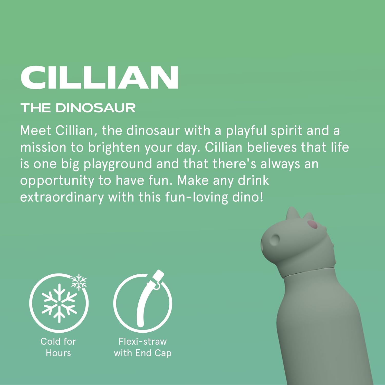 ASOBU Bestie Water Bottle — 16oz (460ml) Vacuum Insulated with Flexible Straw (Mighty Dino)