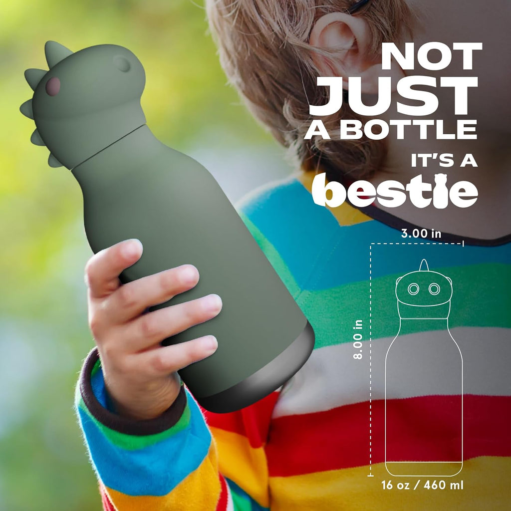 ASOBU Bestie Water Bottle — 16oz (460ml) Vacuum Insulated with Flexible Straw (Mighty Dino)
