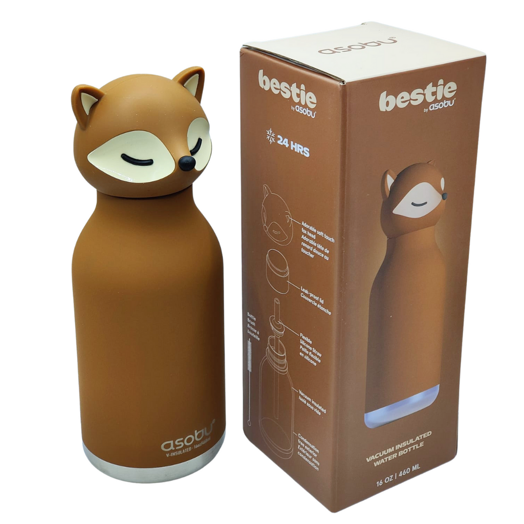ASOBU Bestie Water Bottle — 16oz (460ml) Vacuum Insulated with Flexible Straw (Feisty Fox)