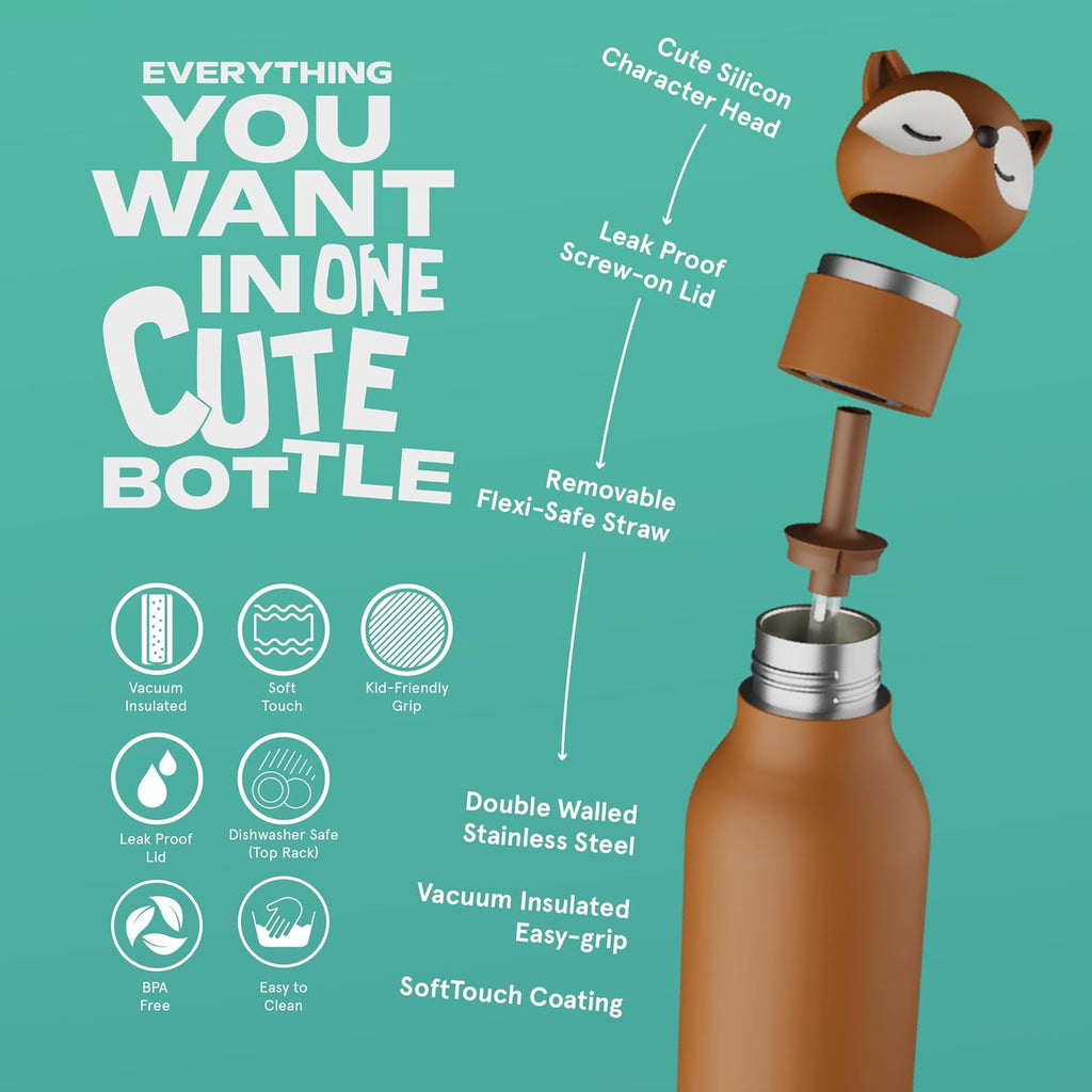 ASOBU Bestie Water Bottle — 16oz (460ml) Vacuum Insulated with Flexible Straw (Feisty Fox)