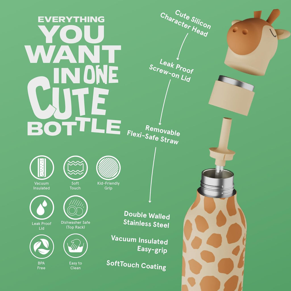 ASOBU Bestie Water Bottle — 16oz (460ml) Vacuum Insulated with Flexible Straw (Sky-high Giraffe)