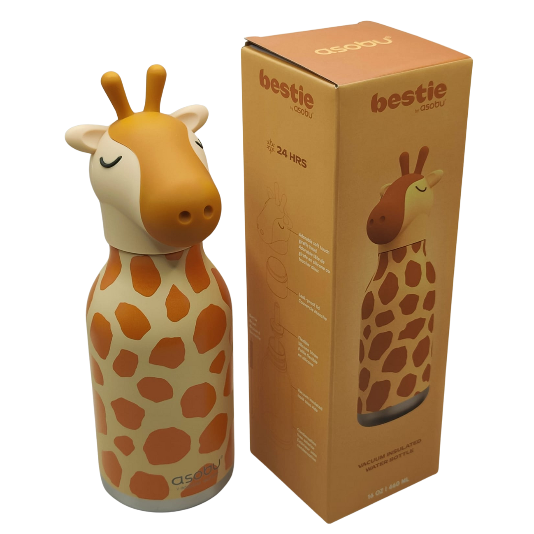 ASOBU Bestie Water Bottle — 16oz (460ml) Vacuum Insulated with Flexible Straw (Sky-high Giraffe)