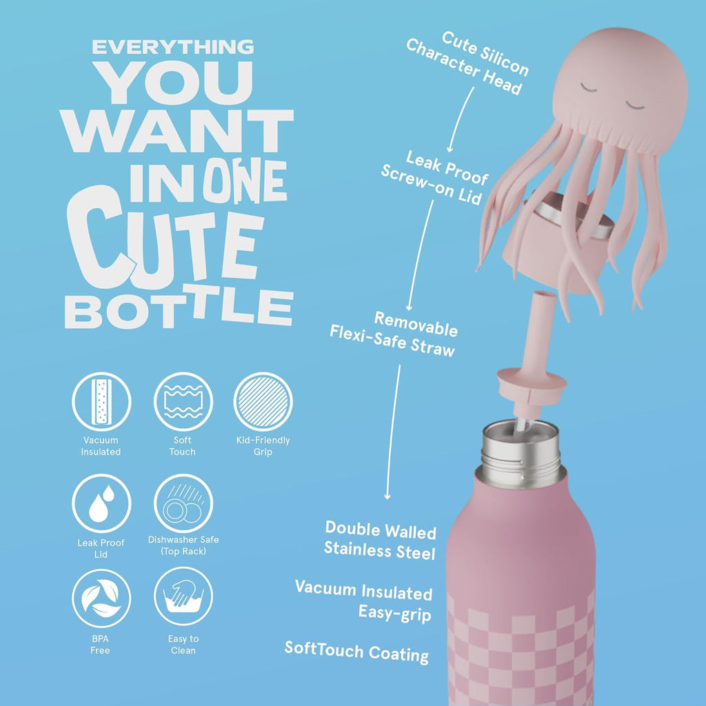 ASOBU Bestie Water Bottle — 16oz (460ml) Vacuum Insulated with Flexible Straw (Wiggly Jellyfish)