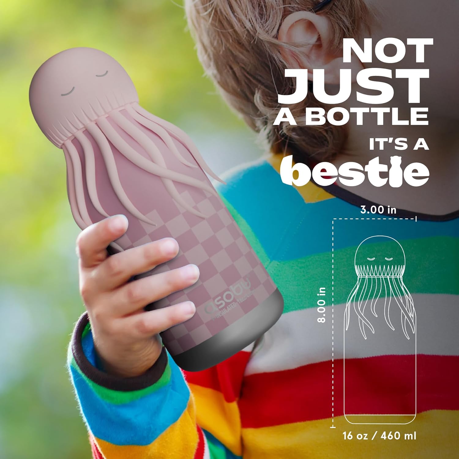 ASOBU Bestie Water Bottle — 16oz (460ml) Vacuum Insulated with Flexible Straw (Wiggly Jellyfish)