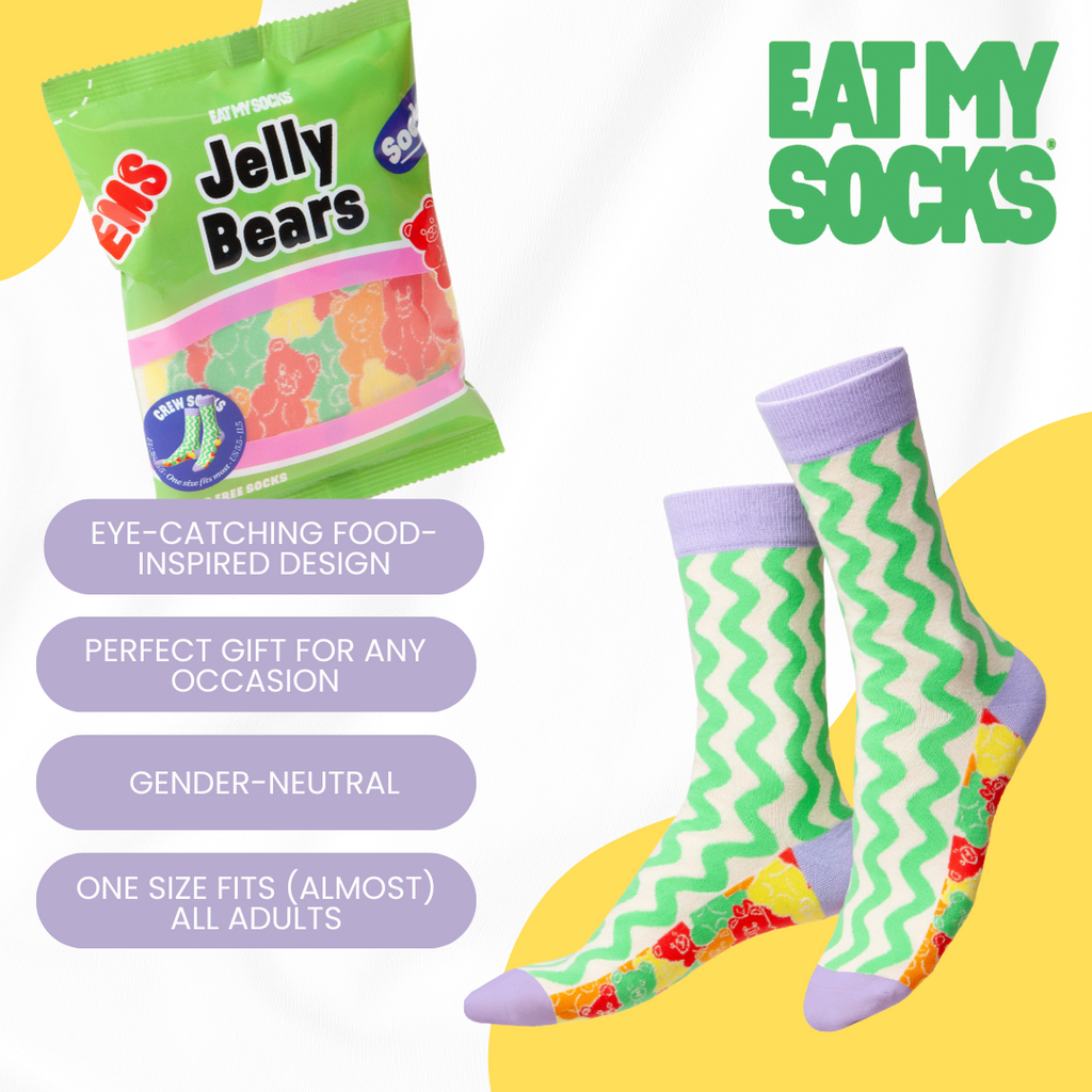 Eat My Socks Jelly Bears Novelty Crew Socks - Funny Food Design Casual Socks for Men Women - Comfortable All-Day Wear Gift Socks