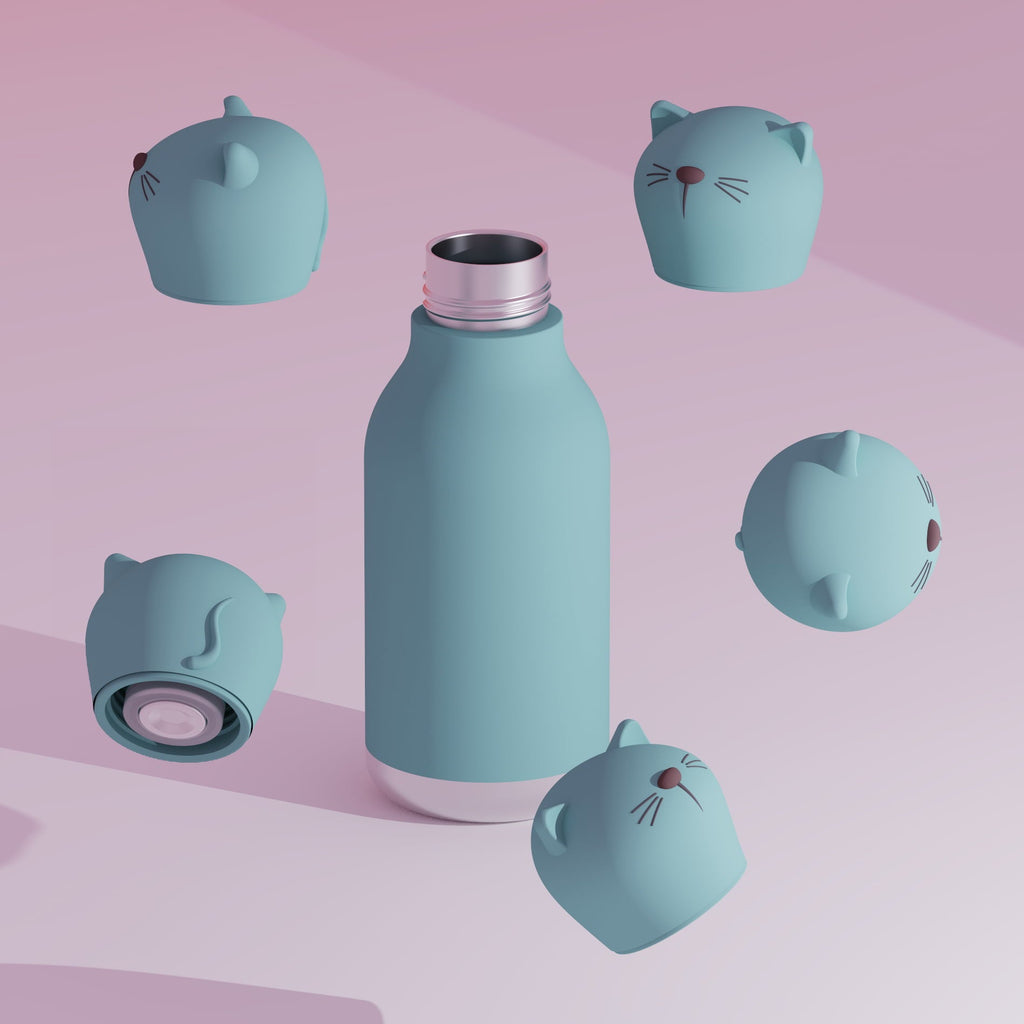 ASOBU Bestie Water Bottle — 16oz (460ml) Vacuum Insulated with Flexible Straw (Kitty Cat)