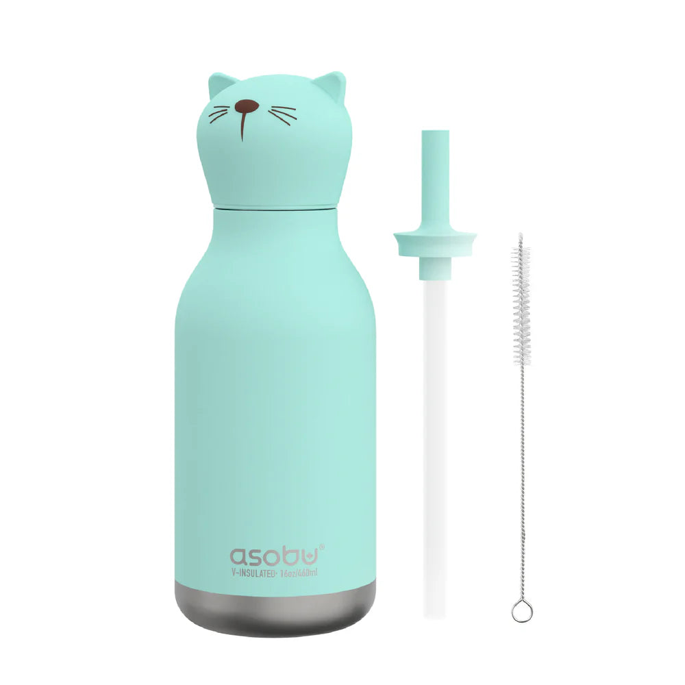 ASOBU Bestie Water Bottle — 16oz (460ml) Vacuum Insulated with Flexible Straw (Kitty Cat)