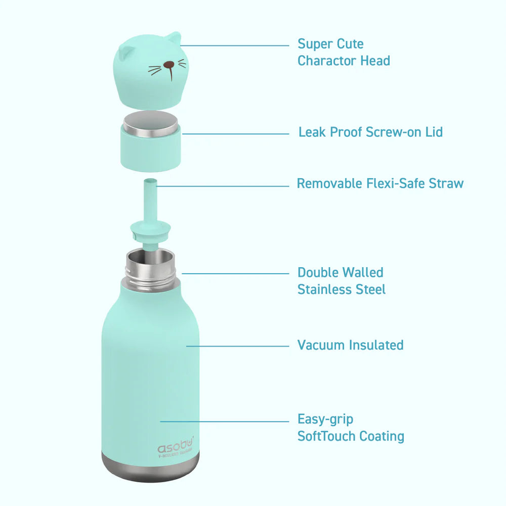 ASOBU Bestie Water Bottle — 16oz (460ml) Vacuum Insulated with Flexible Straw (Kitty Cat)