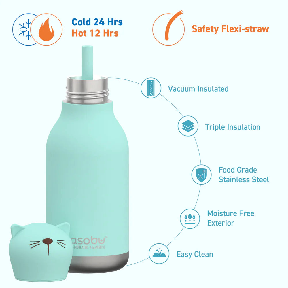 ASOBU Bestie Water Bottle — 16oz (460ml) Vacuum Insulated with Flexible Straw (Kitty Cat)