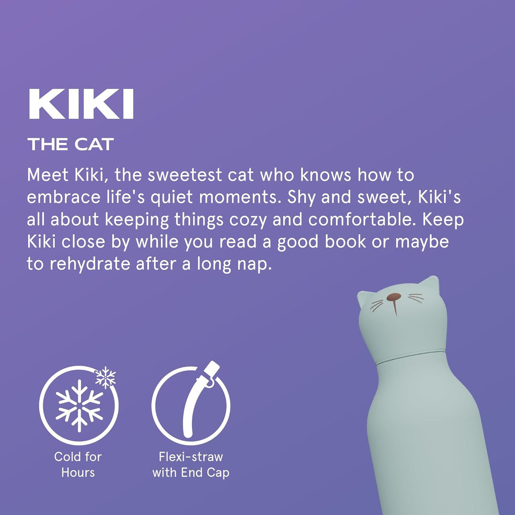 ASOBU Bestie Water Bottle — 16oz (460ml) Vacuum Insulated with Flexible Straw (Kitty Cat)