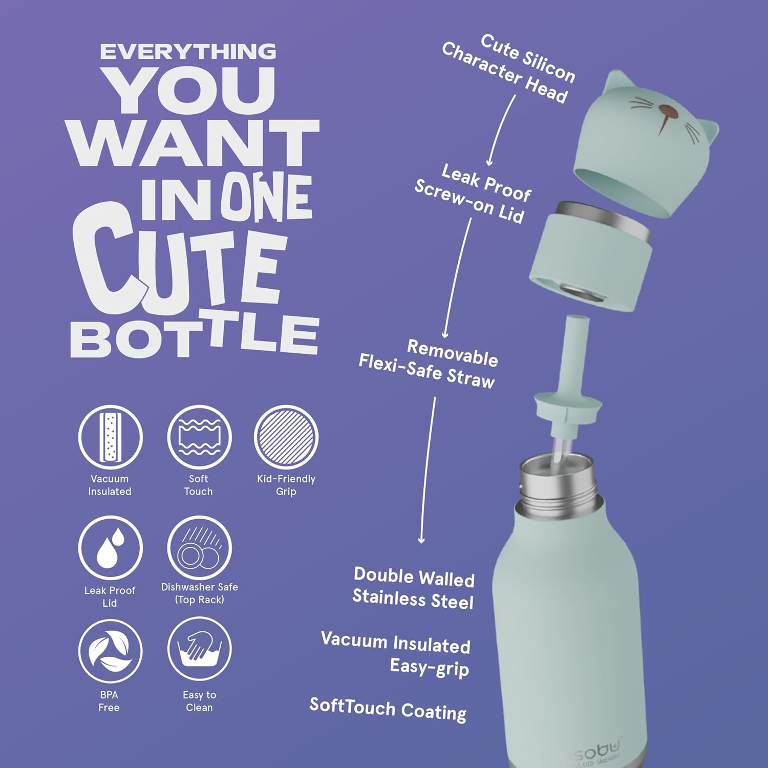 ASOBU Bestie Water Bottle — 16oz (460ml) Vacuum Insulated with Flexible Straw (Kitty Cat)