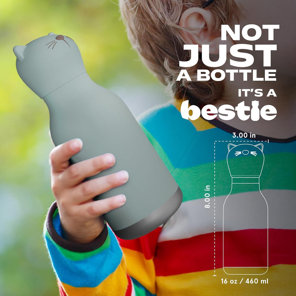 ASOBU Bestie Water Bottle — 16oz (460ml) Vacuum Insulated with Flexible Straw (Kitty Cat)