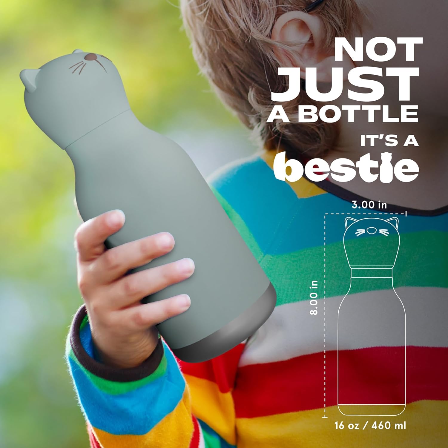 ASOBU Bestie Water Bottle — 16oz (460ml) Vacuum Insulated with Flexible Straw (Kitty Cat)