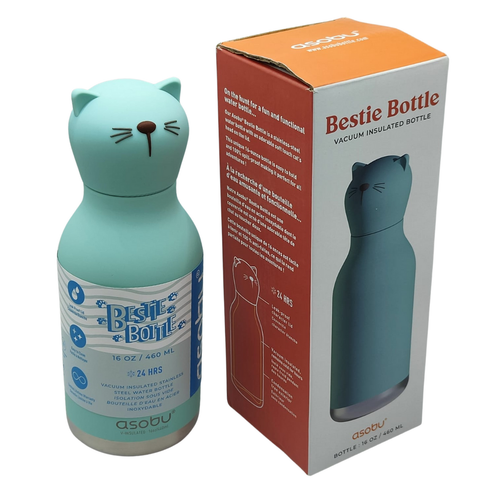 ASOBU Bestie Water Bottle — 16oz (460ml) Vacuum Insulated with Flexible Straw (Kitty Cat)