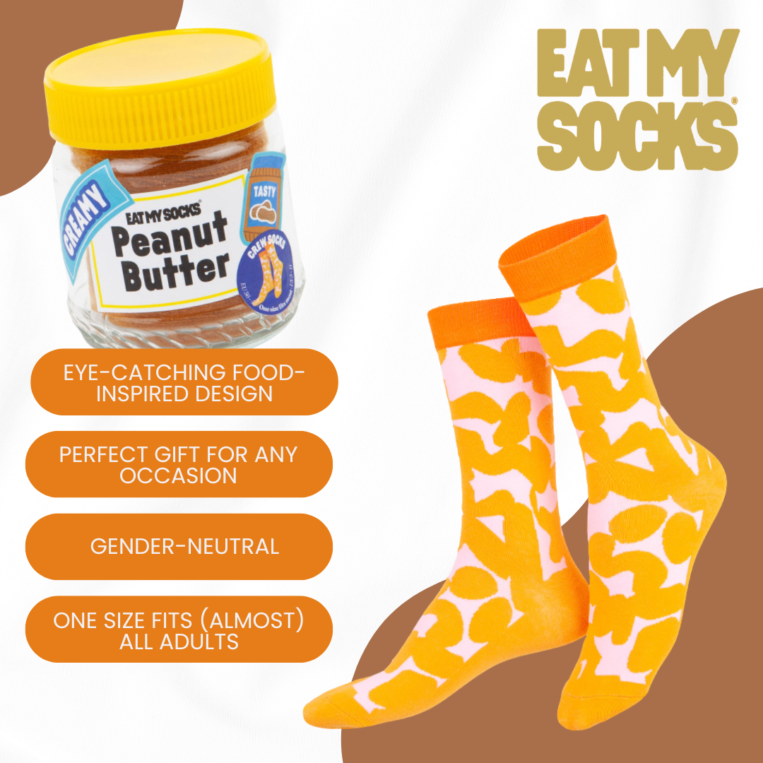 Eat My Socks Peanut Butter Novelty Crew Socks - Funny Food Design Casual Socks for Men Women - Comfortable All-Day Wear Gift Socks