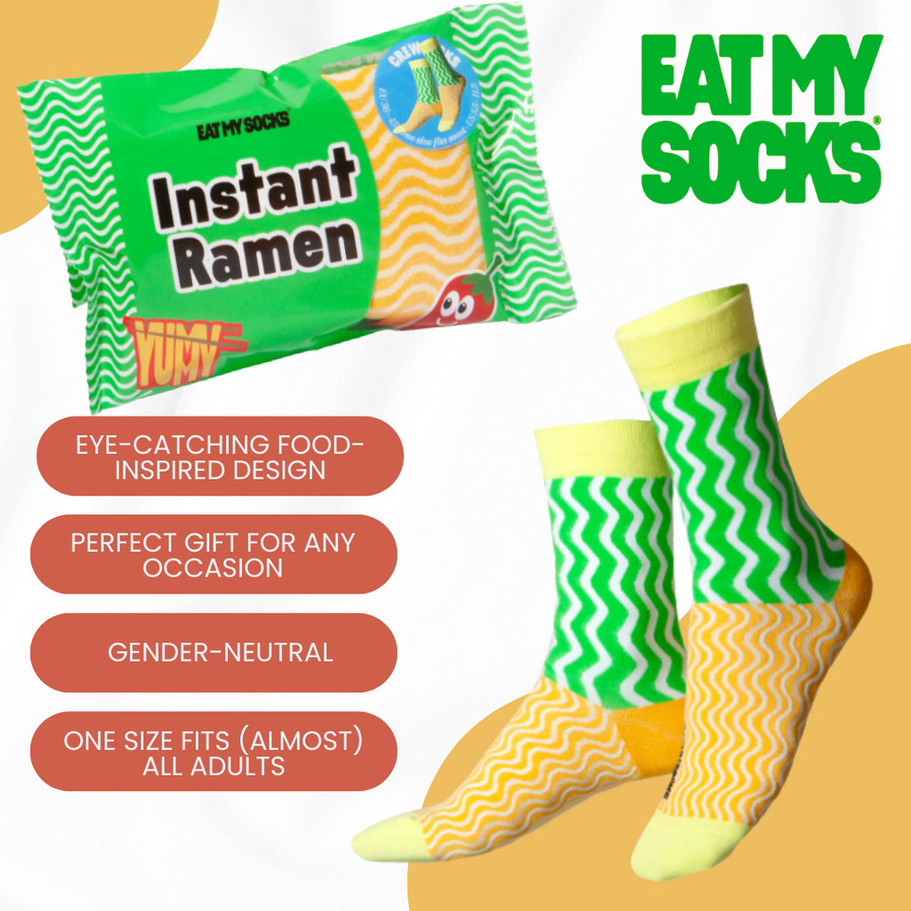 Eat My Socks Spicy Ramen Novelty Crew Socks - Funny Food Design Casual Socks for Men Women - Comfortable All-Day Wear Gift Socks