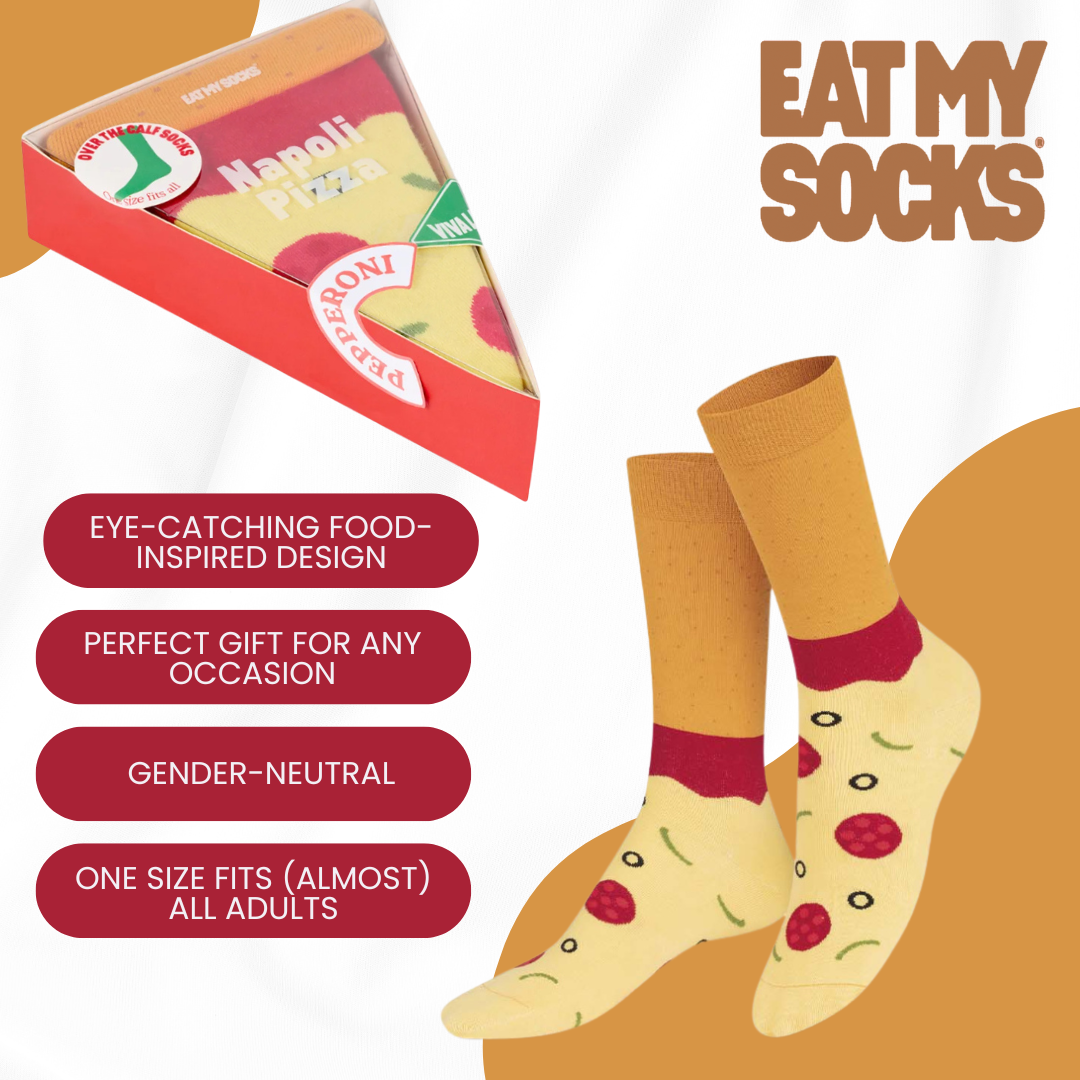 Eat My Socks Napoli Pizza Slice Novelty Crew Socks - Funny Food Design Casual Socks for Men Women - Comfortable All-Day Wear Gift Socks