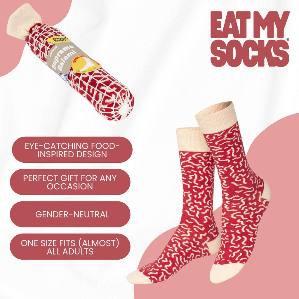 Eat My Socks Salami Novelty Crew Socks - Funny Food Design Casual Socks for Men Women - Comfortable All-Day Wear Gift Socks