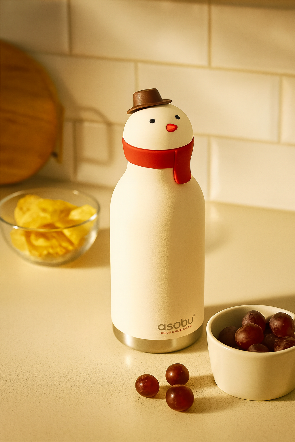 ASOBU Bestie Water Bottle — 16oz (460ml) Vacuum Insulated with Flexible Straw (Jolly Snowman)