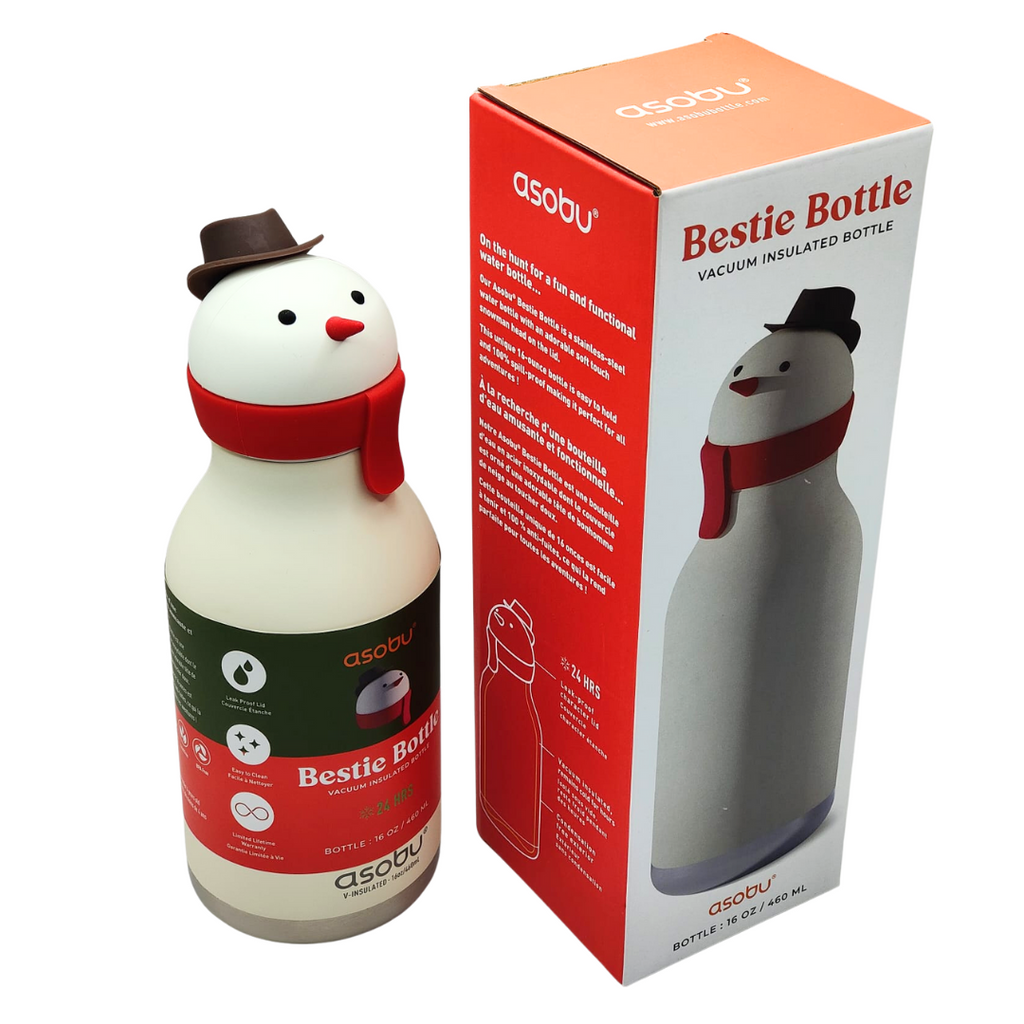 ASOBU Bestie Water Bottle — 16oz (460ml) Vacuum Insulated with Flexible Straw (Jolly Snowman)