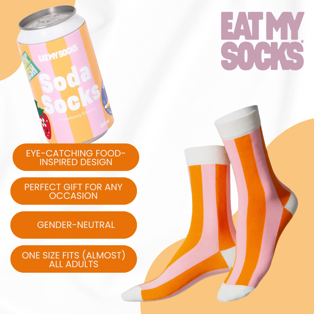 Eat My Socks Soda Novelty Crew Socks - Funny Food Design Casual Socks for Men Women - Comfortable All-Day Wear Gift Socks