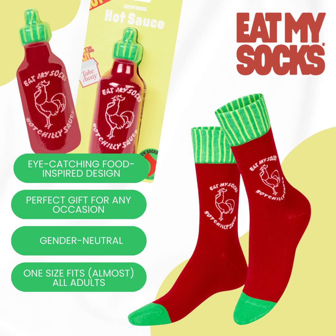 Eat My Socks Sriracha Novelty Crew Socks - Funny Food Design Casual Socks for Men Women - Comfortable All-Day Wear Gift Socks